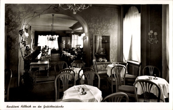 Postcard Berlin Charlottenburg, cozy café, tables set, wall paneling, beautiful windows...