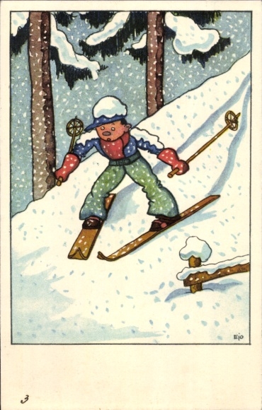 Künstler Ak Ejo, Skiläufer, Schneegestöber
