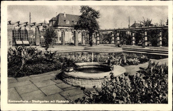 Postcard Kornwestheim, city garden with fish pond