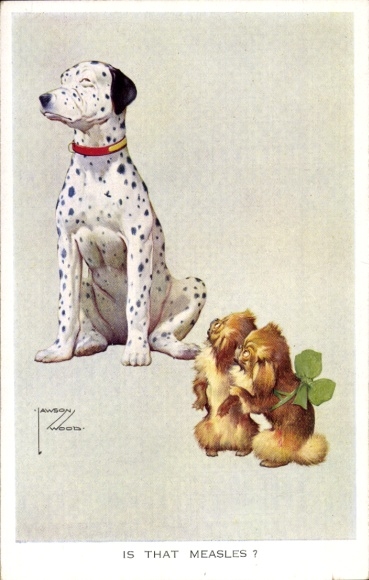Artist Postcard Wood, Lawson, Small dogs looking at a Dalmatian