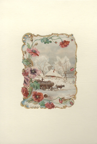 Wafer horse-drawn carriage in a winter landscape, scroll frame with poppies, approx. 16 x 11.5 cm