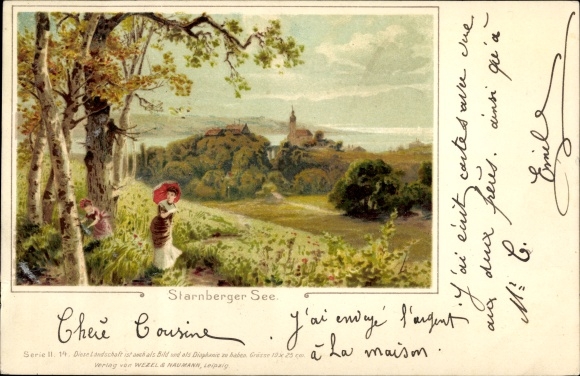 Chromo-Litho Starnberg Oberbayern, Elegant Lady with Umbrella, City, Landscape