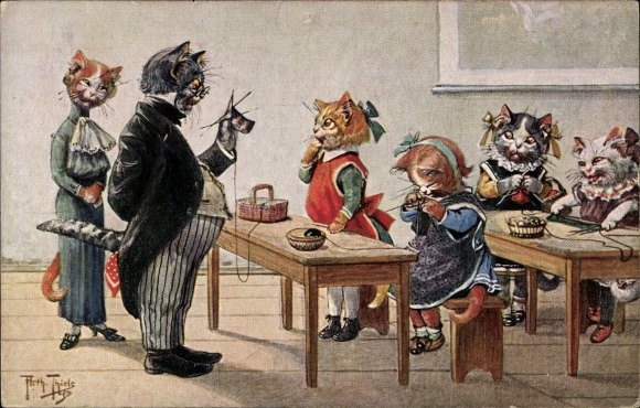 Artist PC Thiele, Arthur, humanized cats in school while knitting