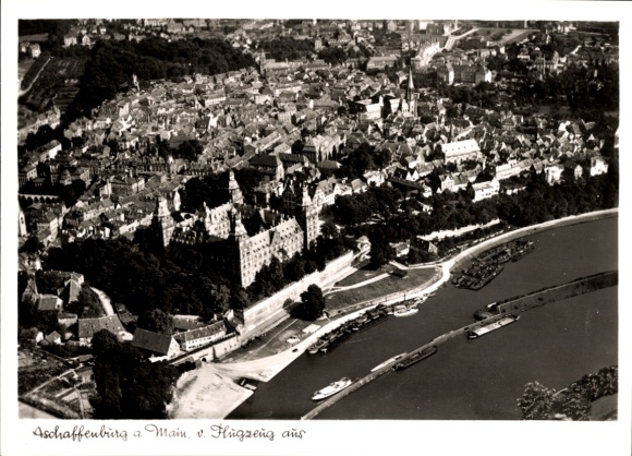 Postcard Aschaffenburg in Lower Franconia, aerial view of Main, buildings, river landscape