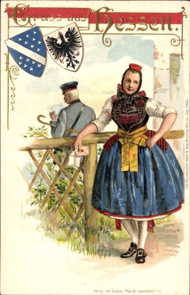 Embossed coat of arms litho greeting from Hesse, woman in traditional Schwalm costume