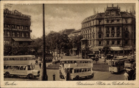 Ak Berlin Tiergarten, Potsdamer Platz, Verkehrsturm, Busse, Jostys Cafe