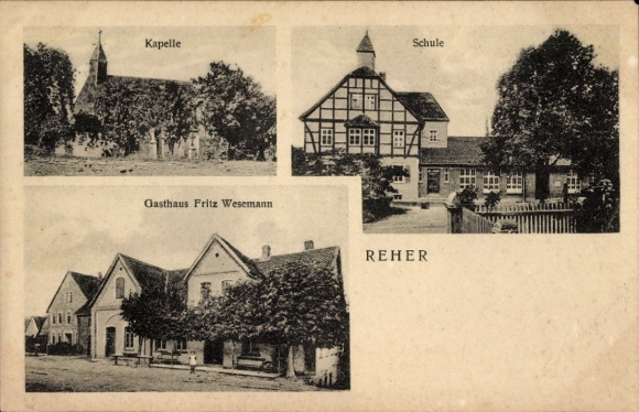 Ak Reher in Holstein, Kapelle, Schule, Gasthaus Fritz Wesemann, Aufnahme in 