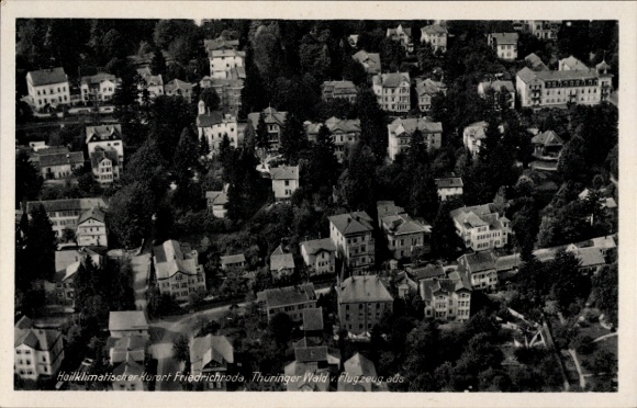 Postcard Friedrichroda in the Thuringian Forest, aerial photograph, Thuringian Forest, many houses, health resort
