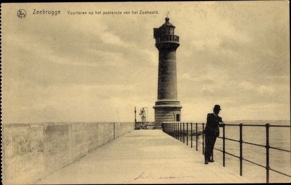 Postcard Zeebrugge Westflandern, Lighthouse, Phare sur le musoir de Mole