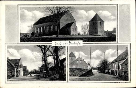 Postcard Burhafe Wittmund in East Frisia, church, street sections