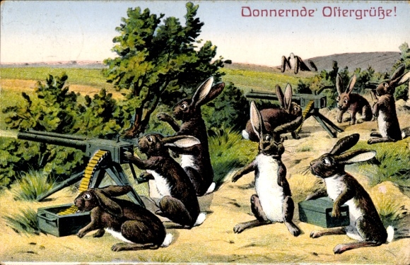 Postcard Congratulations Easter, Easter bunnies as soldiers, machine gun