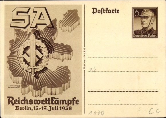 Postal stationery artist Postcard Axster Heudtlaß, SA Reichswettbewerbe Berlin 1938