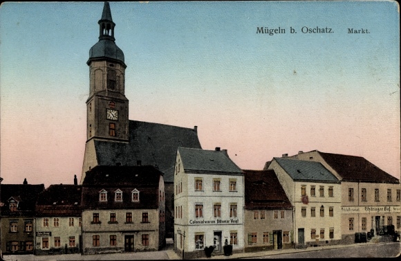 Postcard Mügeln near Oschatz in Saxony, market, groceries Voigt, church