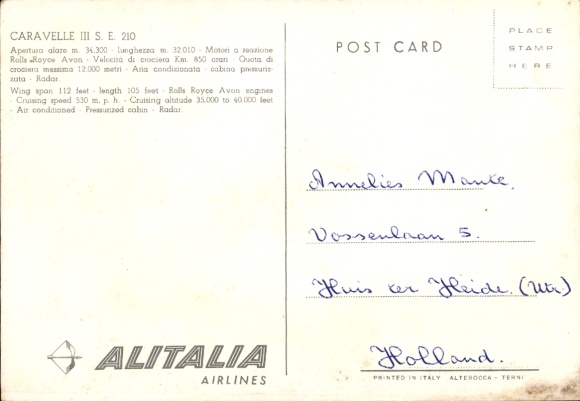 Postcard Italian passenger aircraft Alitalia, Caravelle III SE 210