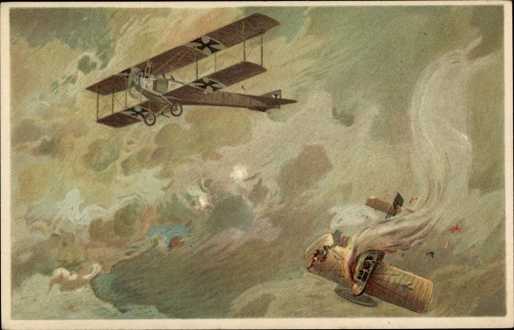 Künstler Ak Schulze, Hans Rudolf, Deutsches Flugzeug im Kampf mit französischem Flieger, I WK