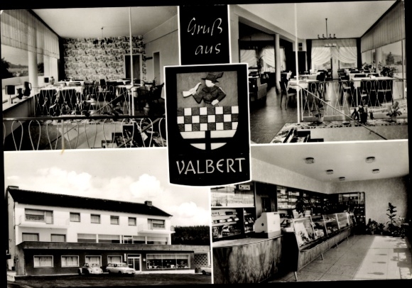 Postcard Valbert Meinerzhagen in Sauerland, Bakery Confectionery Café at Ebbehang, coat of arms