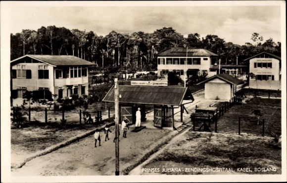 Postcard Kabel Bosland Suriname, Princess Juliana Mission Hospital, Evangelical Brother Church