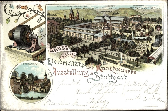 Postwaardestukken litho Stuttgart in Württemberg, tentoonstelling elektriciteit en kunstnijverheid