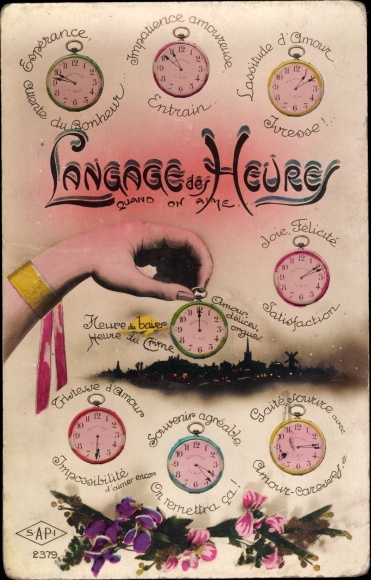 Postcard Language of the Hours when you love, Uhren, Uhrzeiten