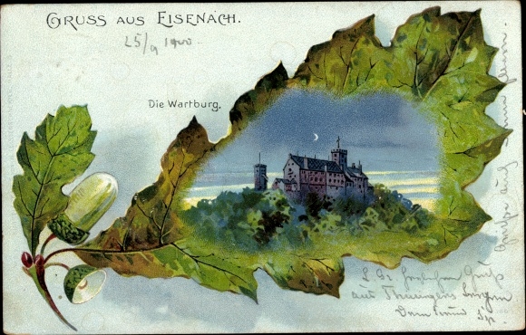 Oak leaf litho Eisenach, Wartburg, trees, moon
