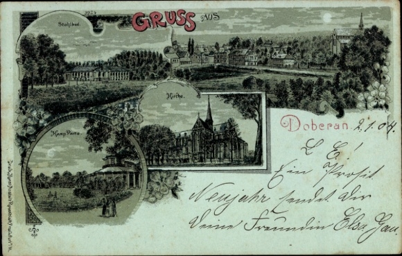 Moonlight Chromo-Litho Bad Doberan in Mecklenburg, Stahlbad, Church, Kamp-Platz, Panorama