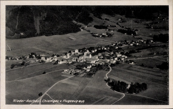 Postcard Niederaschau Aschau im Chiemgau Upper Bavaria, black and white aerial photo of Nieder Aschau im Chie...