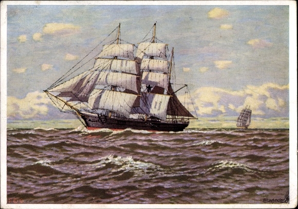 Kunstenaarskaart Bahndorf, Heribert, zeilschip, driemaster, volschip