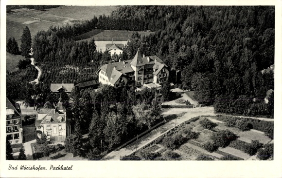 Postcard Bad Wörishofen in Unterallgäu, aerial view of the Parkhotel, surrounded by trees, scenic