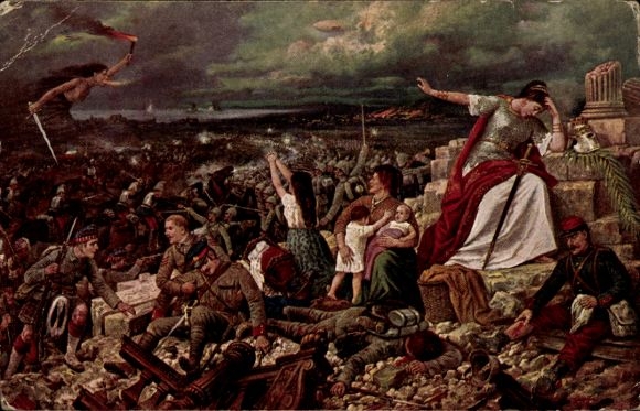 Artist Postcard Europe mourns, wounded soldiers of different nations after the battle, I WK