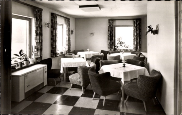 Postcard Neukirchen an der Pleiße, cozy dining room, tables with white tablecloths, chairs with w...
