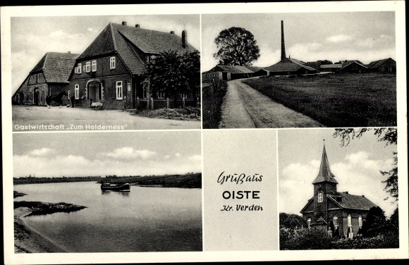 Postcard Oiste Blender in Lower Saxony, restaurant Zum Holderness, church, village street