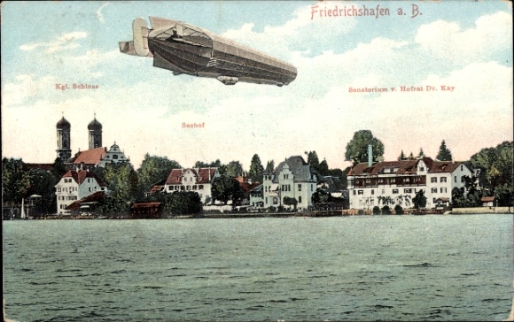 Ansichtkaart Friedrichshafen aan het Bodenmeer, luchtschip van Zeppelin, Koninklijk Paleis, Seehof