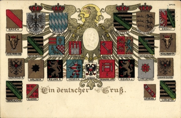 Coat of arms Postcard A German greeting, Kaiser Wilhelm II, Anhalt, Saxony, Hamburg, Bavaria