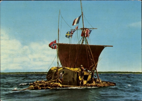Postcard Kon-Tiki Expedition 1947, raft, Inside Polynesia