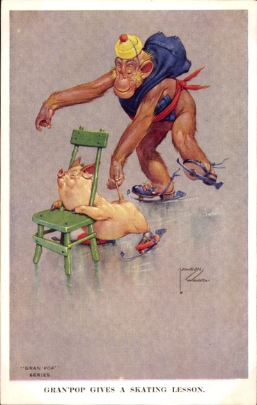 Artist Postcard Wood, Lawson, Monkey Learns Pig to Ice Skate
