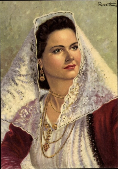 Künstler Ak Sardinien, Sardische Tracht, Osilo, Frauenportrait, Schleier