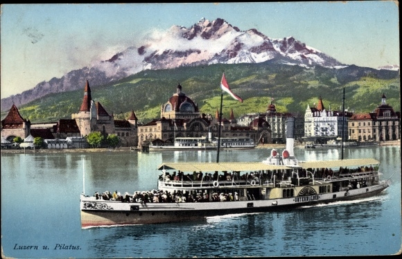 PC Luzern Stadt Schweiz, panorama with Pilatus, saloon steamer Unterwalden
