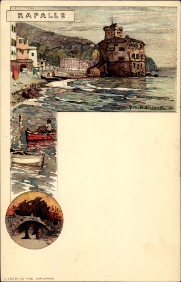 Kunstenaar litho Wielandt, Manuel, Rapallo Ligurië, kust, boten, brug