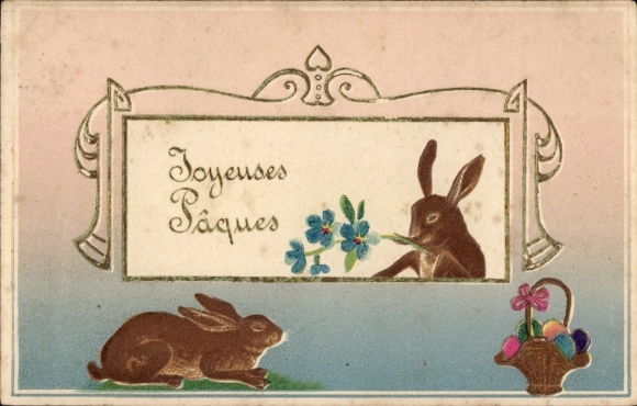 Glitter Embossed Passepartout Postcard Congratulations Easter, Easter Bunny, Easter Eggs