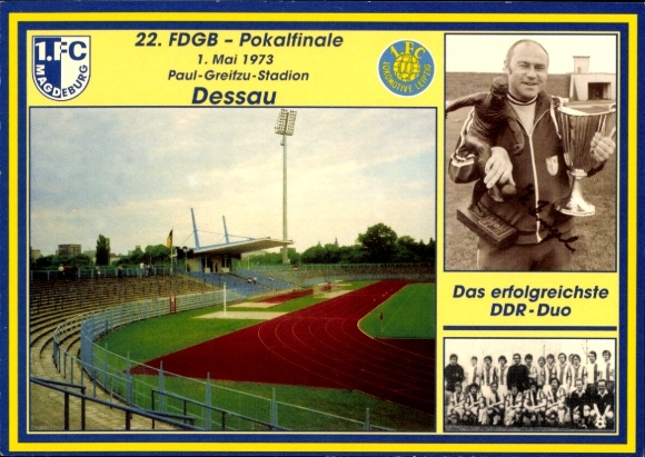 Postcard Dessau, Paul Greifzu Stadium, 22nd FDGB Cup Final, May 1, 1973, 1. FC Magdeburg, Lok Leipzig