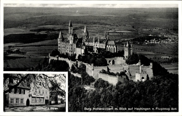 Postcard Hechingen in the Zollernalb district, Hohenzollern Castle, aerial photograph, Gasthof z. Bären
