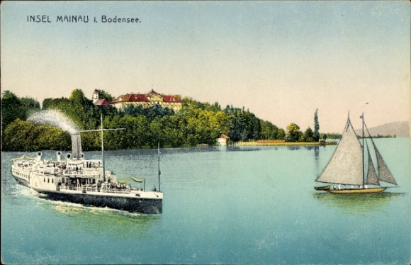 Ak Insel Mainau im Bodensee, Schiff auf dem Wasser, Segelboot, grüne Uferlandschaft, Schloss im H