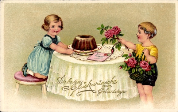Postcard Happy Birthday, Children, Cake, Roses