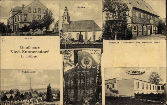 Ansichtkaart Niedercunnersdorf Kottmar in Saksen, kerk, school, Inn zum Edelweiß, oorlogsmonument