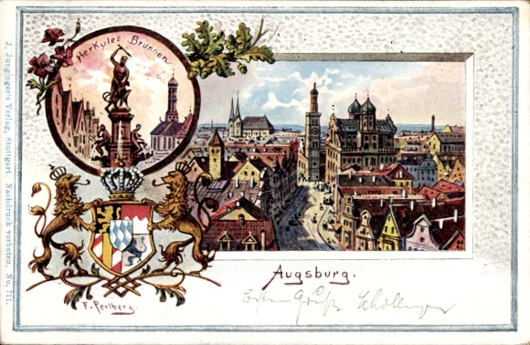 Herb artysty KP Perlberg, F., Augsburg w Szwabii, fontanna Herkulesa, widok miasta