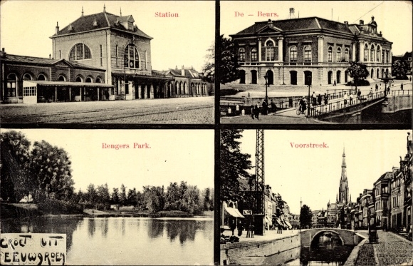 Postcard Leeuwarden Friesland, Station, Rengers Park, the Beurs, Voorstreek