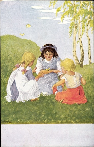 Artist PC Schenkel, Franziska, messengers of spring, children, butterflies