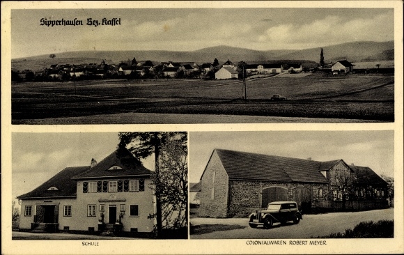 Postcard Sipperhausen Malsfeld in Hesse, general view, school, grocery store