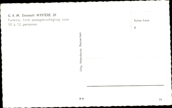 Postcard passenger aircraft GAM Dassault Mystère 20