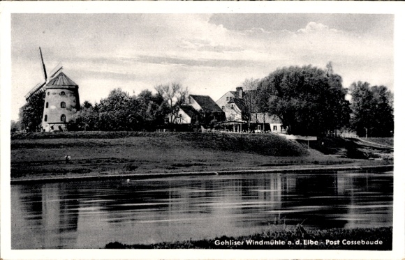 Postcard Dresden Gohlis, Shore area with a view of the Gohlis windmill
